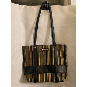 Longaberger Canvas Leather Small Tote / Purse 9 X 11 in. Brown Tan Black Stripes